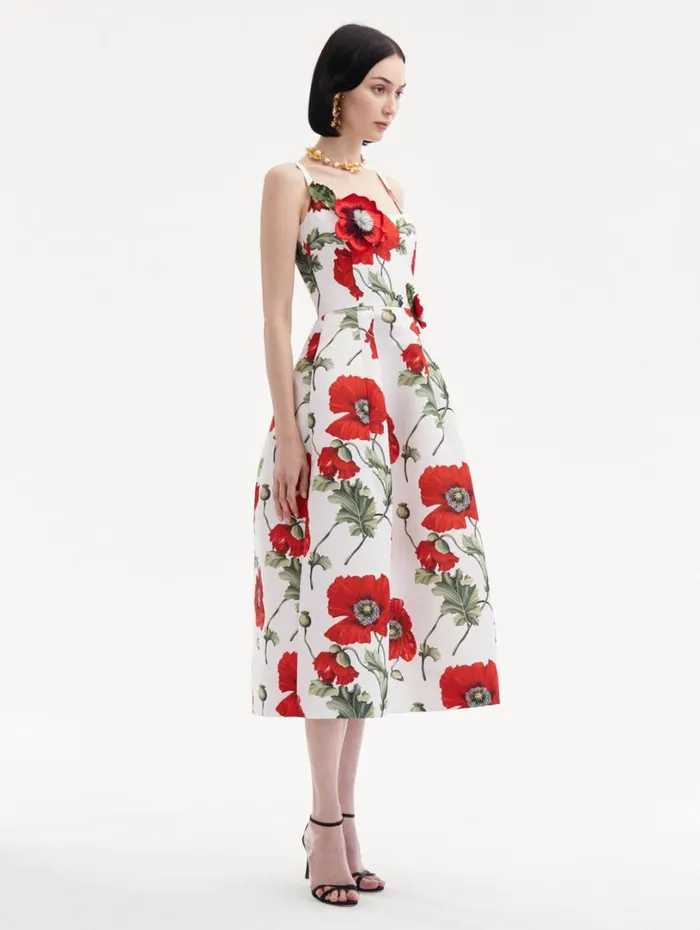 Oscar De La Renta Poppy Embroidered Scoop Neck Dress White Red Women Dresses
