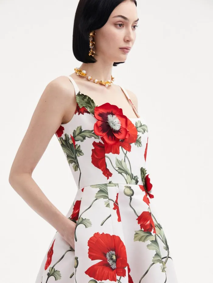 Oscar De La Renta Poppy Embroidered Scoop Neck Dress White Red Women Dresses