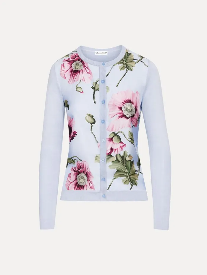Oscar De La Renta Poppy Printed Inset Cardigan Light Blue Pink Women Blouses and Knits
