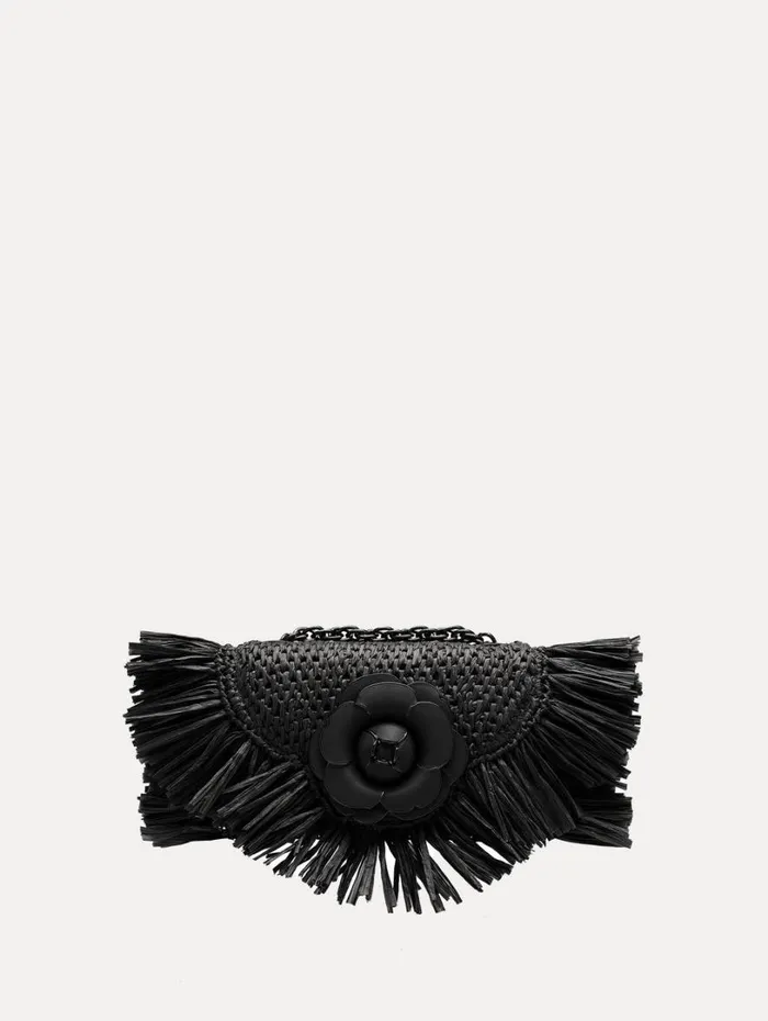 Oscar De La Renta Raffia Fringe TRO Bag Black Women Handbags