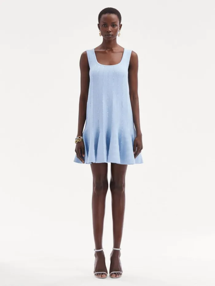 Oscar De La Renta Sequin Embroidered Knit Mini Dress Light Blue Women Dresses