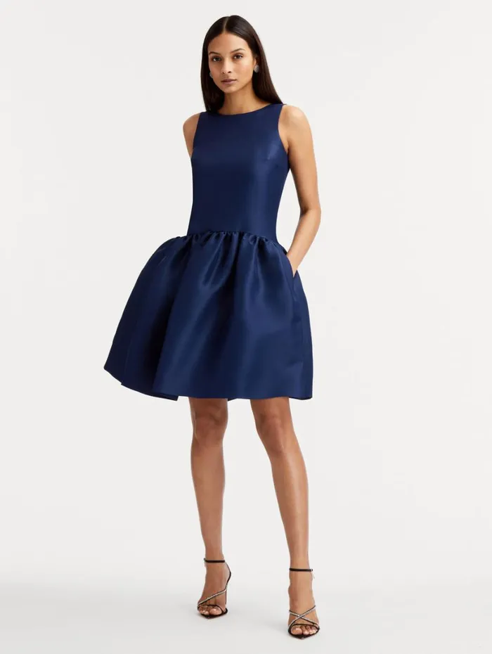 Oscar De La Renta Silk Drop Waist Cocktail Dress Navy Women Dresses