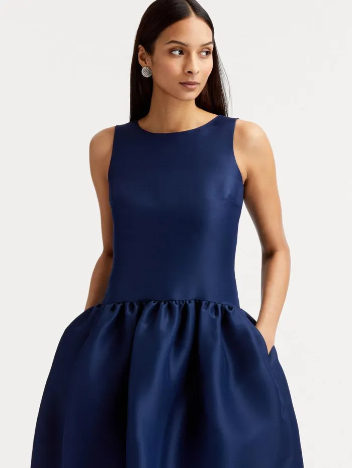 Oscar De La Renta Silk Drop Waist Cocktail Dress Navy Women Dresses
