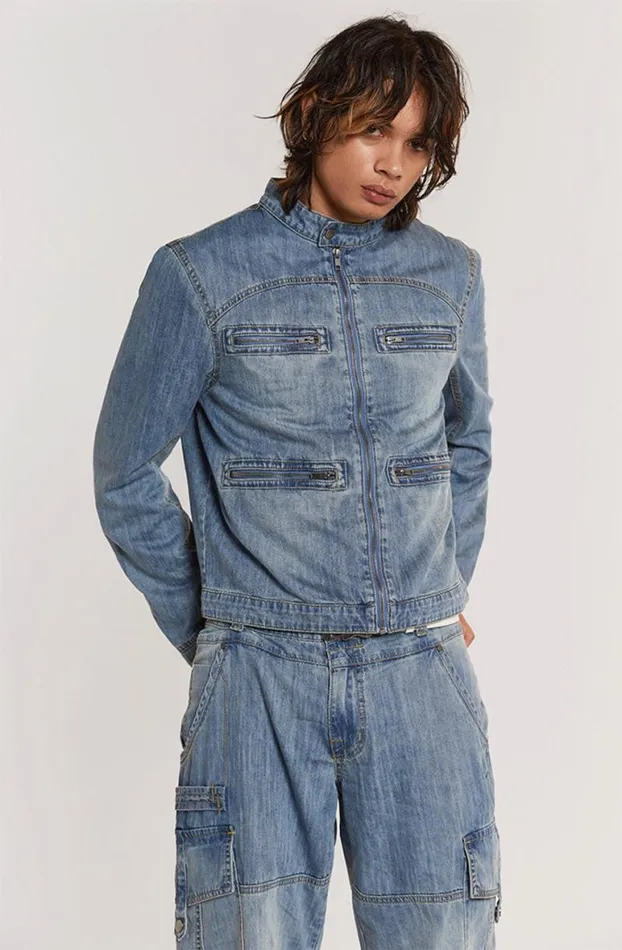 Outerwear Men Jaded London Chambray Denim Moto Jacket