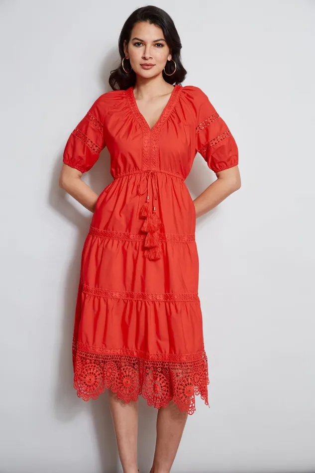 Outlet 8211 Women Dresses and Jumpsuits Elie Tahari Embroidered Short Sleeve Dress Cayenne
