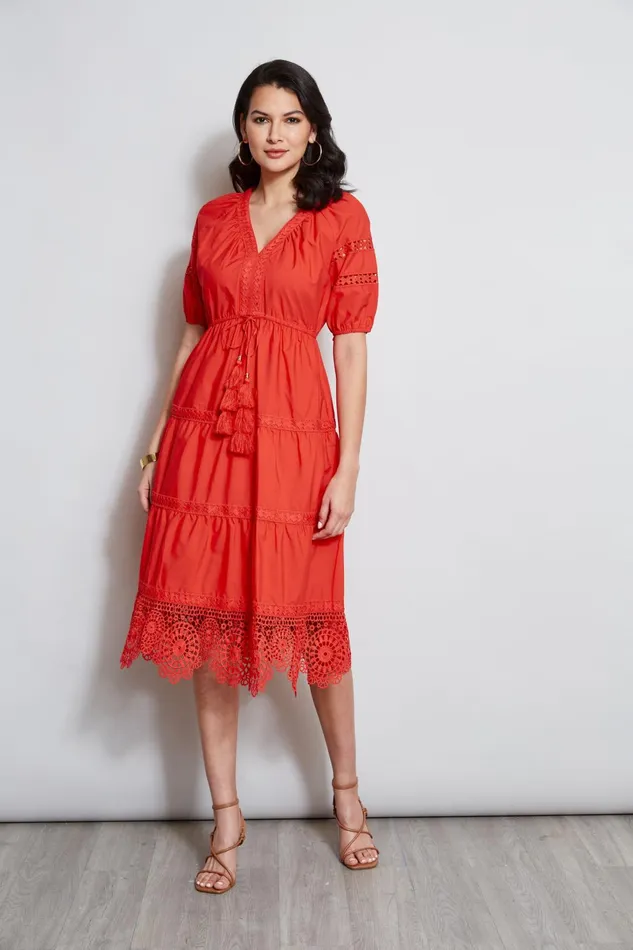 Outlet 8211 Women Dresses and Jumpsuits Elie Tahari Embroidered Short Sleeve Dress Cayenne