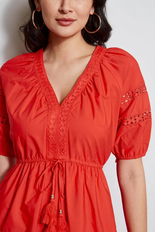 Outlet 8211 Women Dresses and Jumpsuits Elie Tahari Embroidered Short Sleeve Dress Cayenne