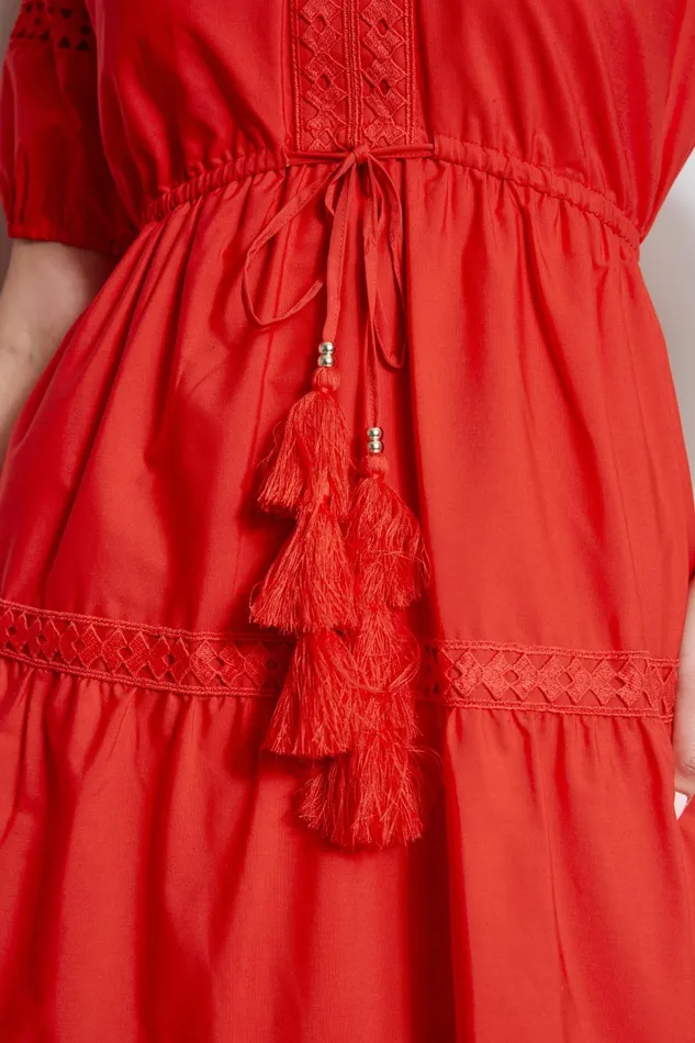 Outlet 8211 Women Dresses and Jumpsuits Elie Tahari Embroidered Short Sleeve Dress Cayenne