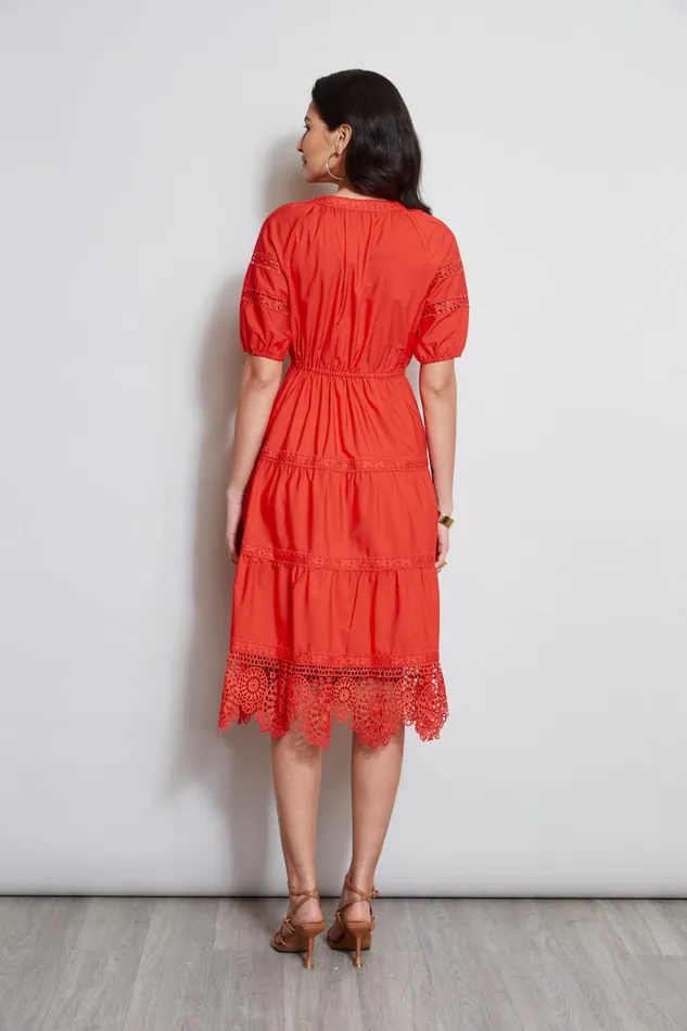 Outlet 8211 Women Dresses and Jumpsuits Elie Tahari Embroidered Short Sleeve Dress Cayenne