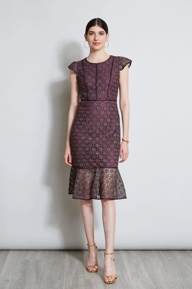 Outlet 8211 Women Dresses and Jumpsuits Elie Tahari Lace Flutter Sleeve Dress Plum