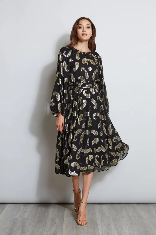 Outlet 8211 Women Dresses and Jumpsuits Elie Tahari Metallic Paisley Jacquard Dress Brushed Gold