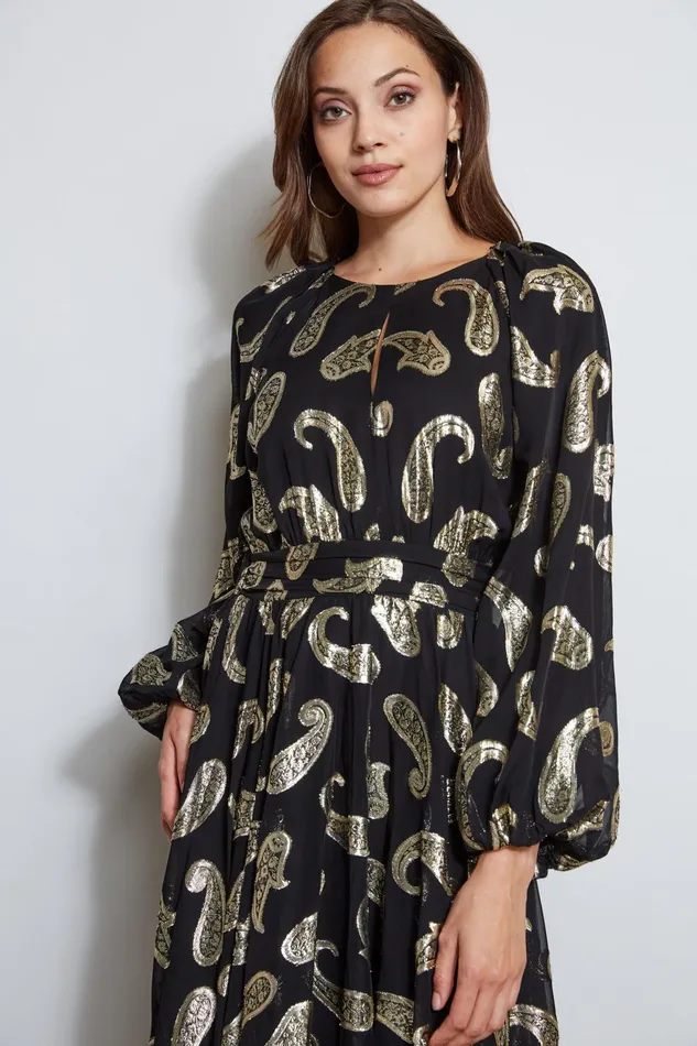 Outlet 8211 Women Dresses and Jumpsuits Elie Tahari Metallic Paisley Jacquard Dress Brushed Gold
