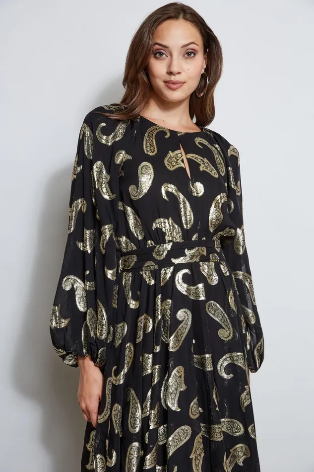 Outlet 8211 Women Dresses and Jumpsuits Elie Tahari Metallic Paisley Jacquard Dress Brushed Gold