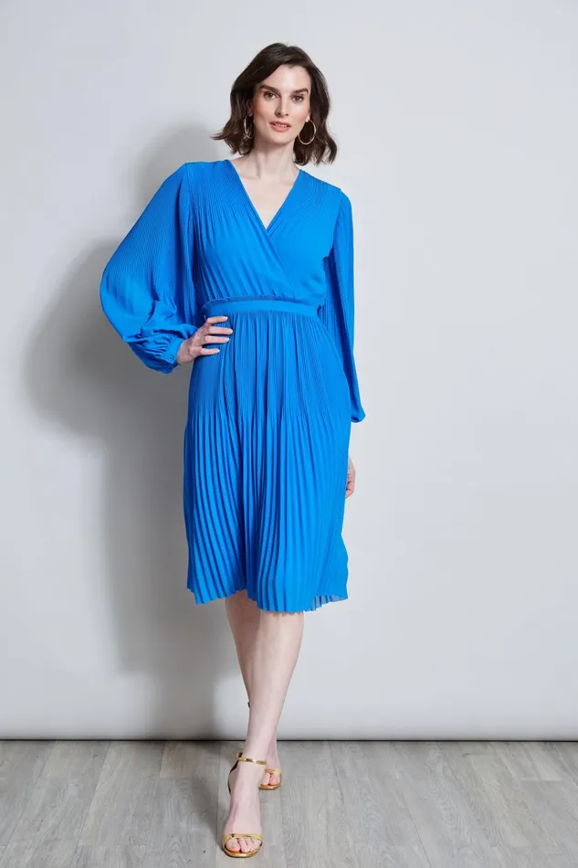 Outlet 8211 Women Dresses and Jumpsuits Elie Tahari Mock Wrap Pleated Dress Blue Ivy