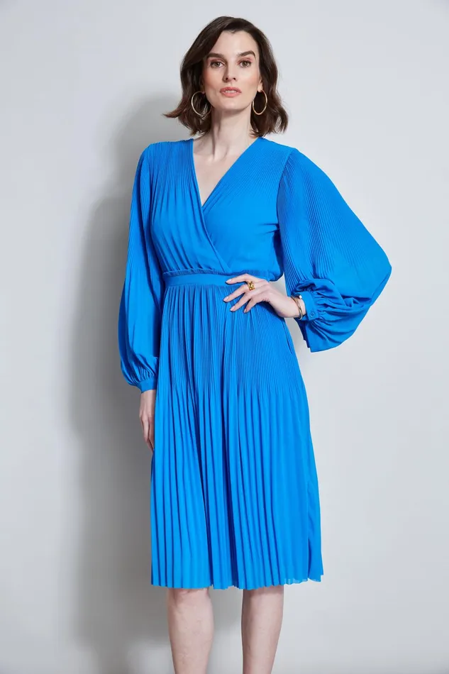 Outlet 8211 Women Dresses and Jumpsuits Elie Tahari Mock Wrap Pleated Dress Blue Ivy