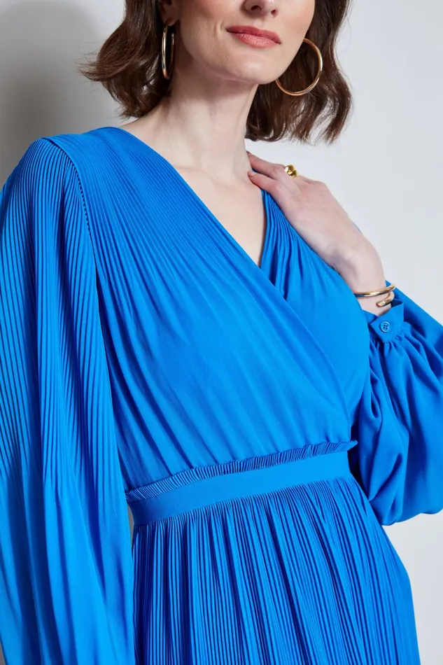 Outlet 8211 Women Dresses and Jumpsuits Elie Tahari Mock Wrap Pleated Dress Blue Ivy