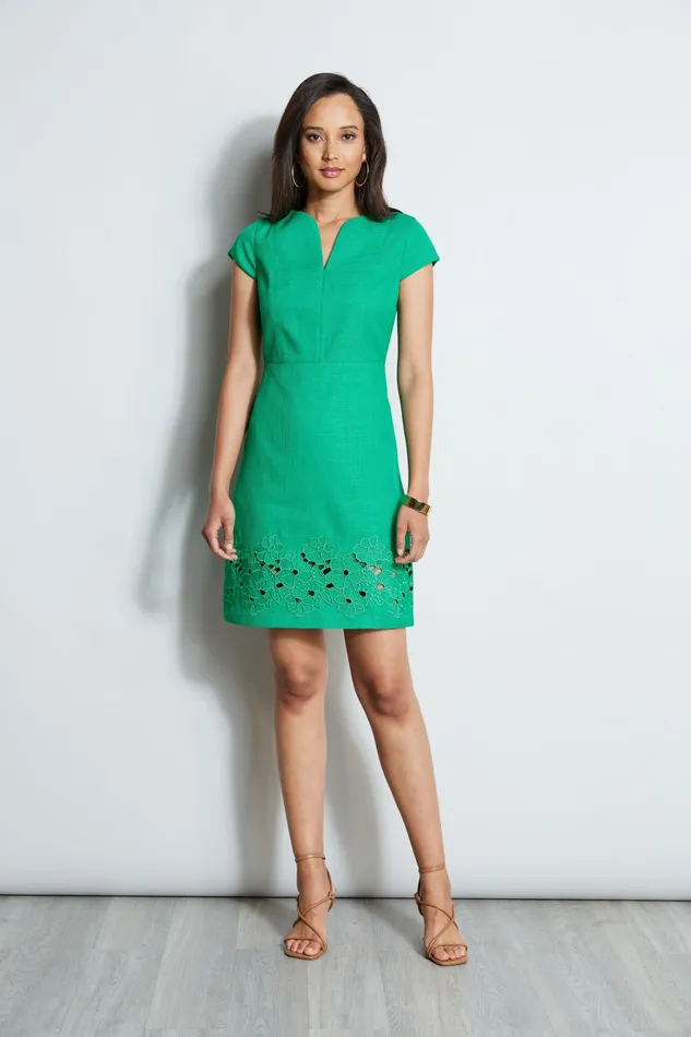 Outlet 8211 Women Dresses and Jumpsuits Elie Tahari Short Sleeve Embroidered Hem Dress Palm Leaf
