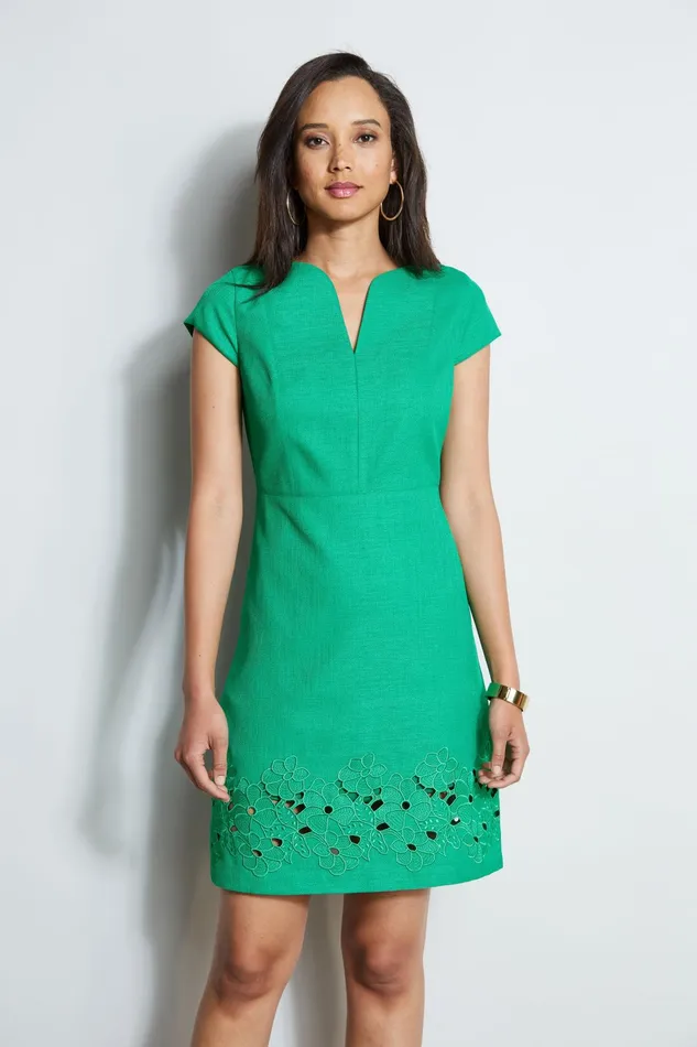 Outlet 8211 Women Dresses and Jumpsuits Elie Tahari Short Sleeve Embroidered Hem Dress Palm Leaf