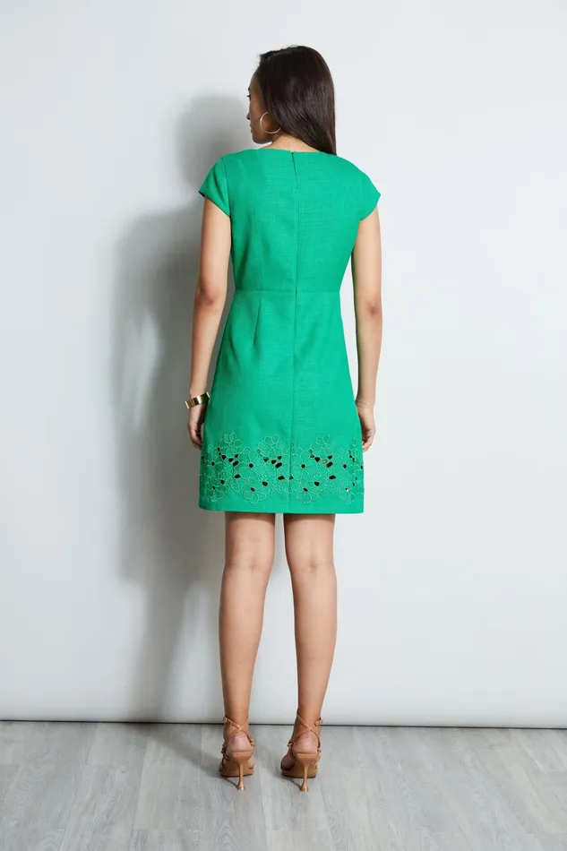 Outlet 8211 Women Dresses and Jumpsuits Elie Tahari Short Sleeve Embroidered Hem Dress Palm Leaf