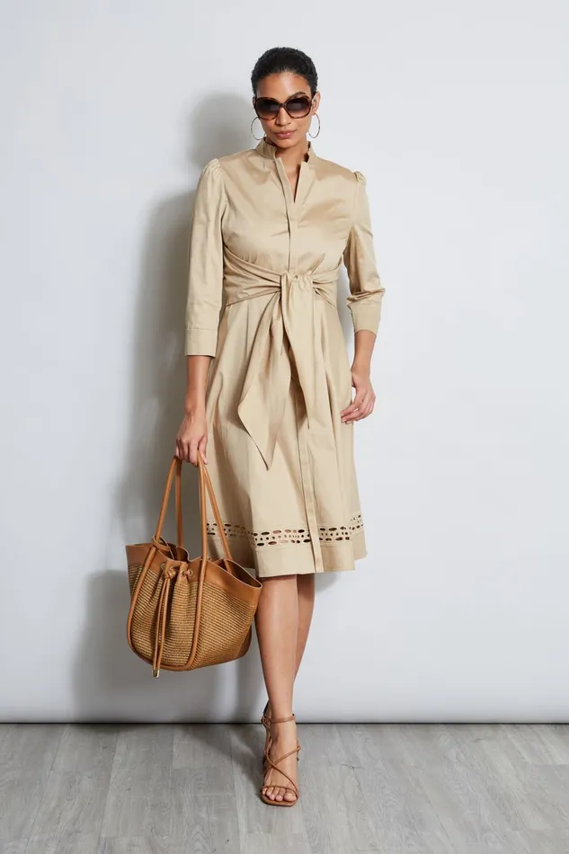 Outlet 8211 Women Dresses and Jumpsuits Elie Tahari Tie Cotton Midi Dress Sandcastle