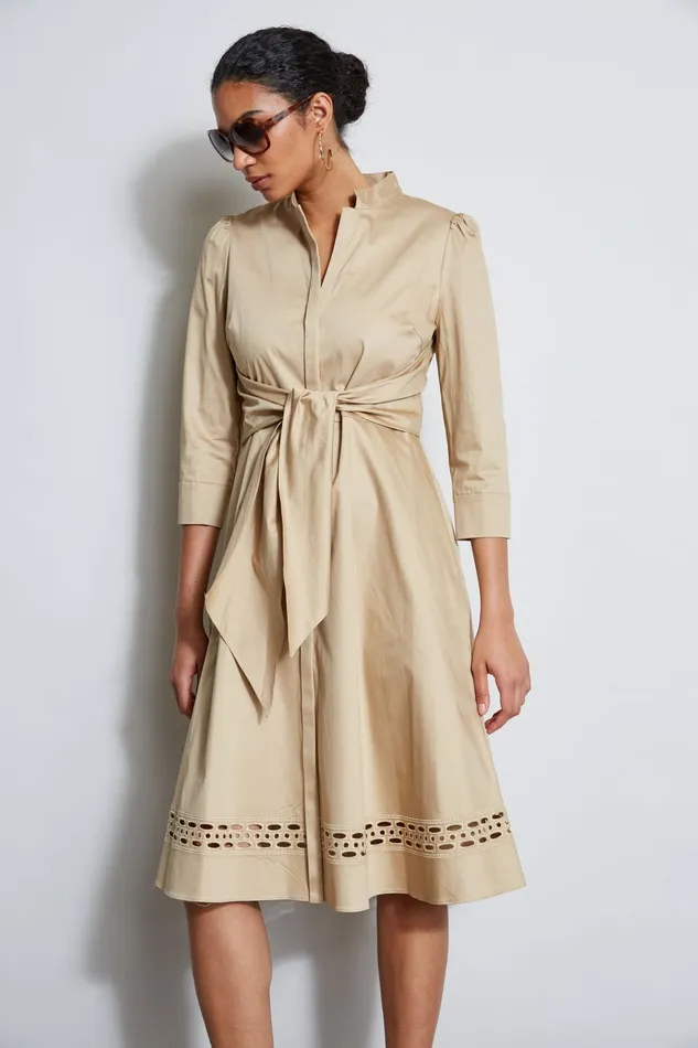 Outlet 8211 Women Dresses and Jumpsuits Elie Tahari Tie Cotton Midi Dress Sandcastle