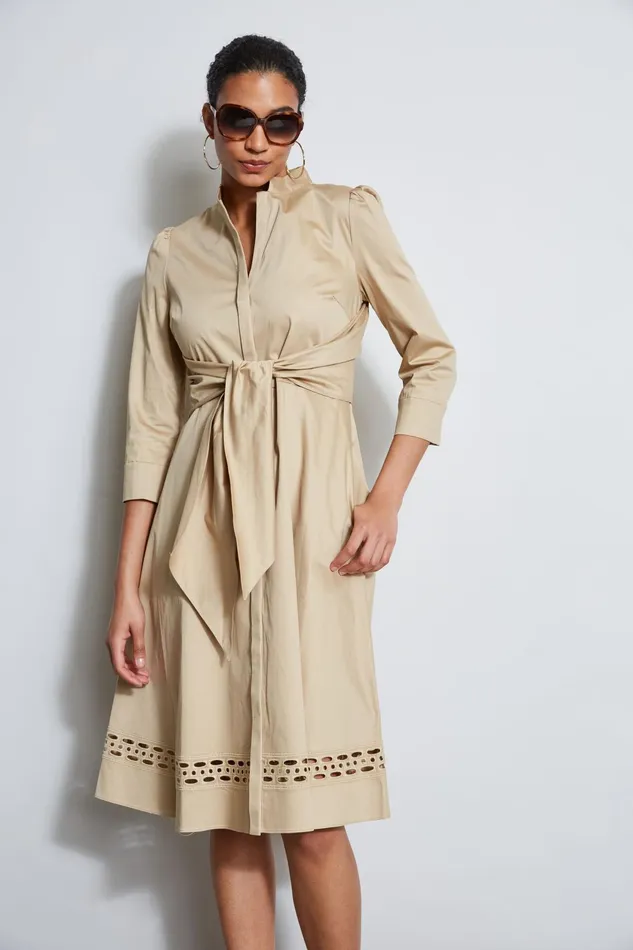 Outlet 8211 Women Dresses and Jumpsuits Elie Tahari Tie Cotton Midi Dress Sandcastle