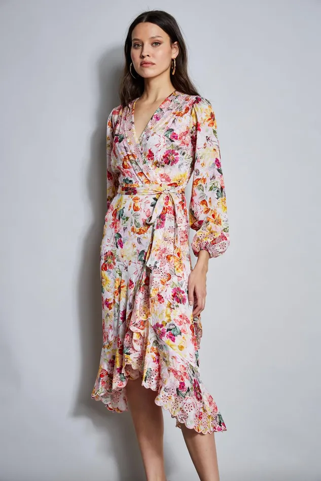 Outlet 8211 Women Long Sleeve Dresses Elie Tahari Embroidered Floral Wrap Dress Wonderland Print