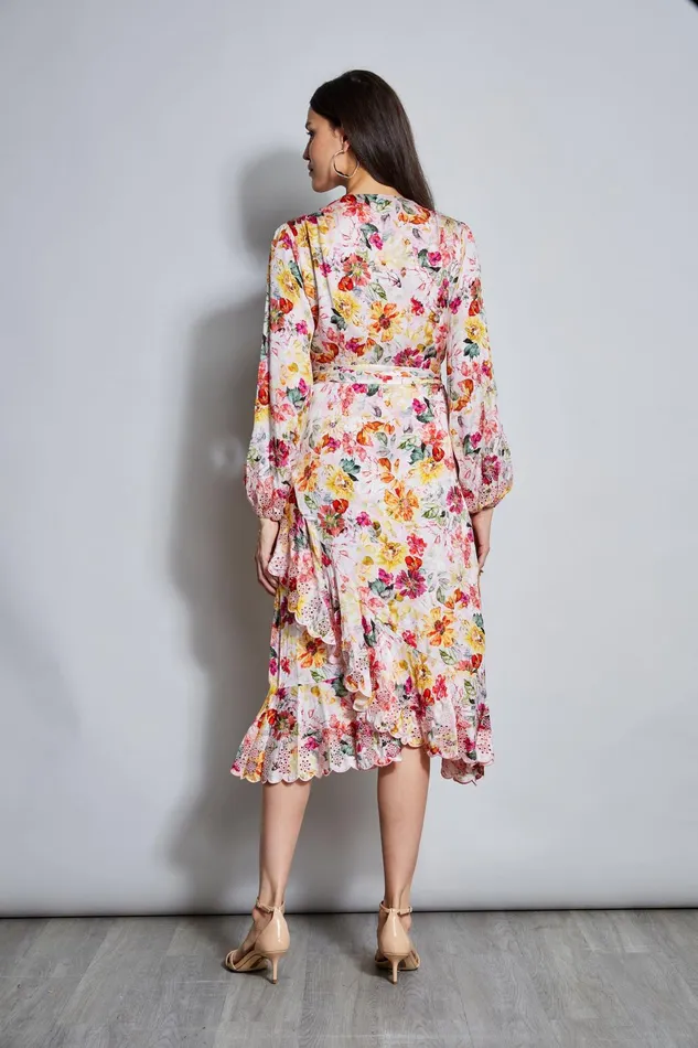 Outlet 8211 Women Long Sleeve Dresses Elie Tahari Embroidered Floral Wrap Dress Wonderland Print