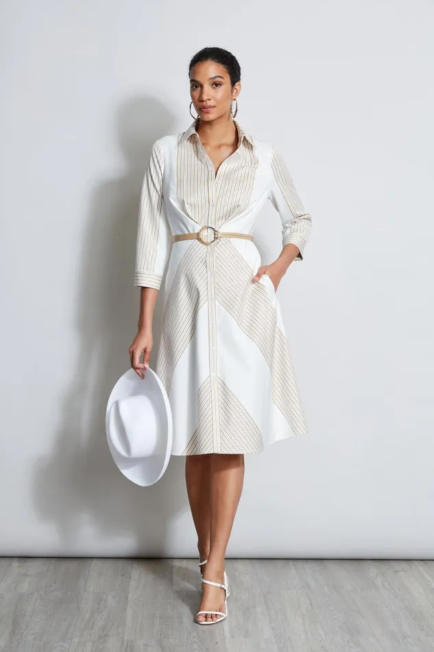 Outlet 8211 Women Long Sleeve Dresses Elie Tahari Fit and Flare Stripe Cotton Dress Birch Pearl