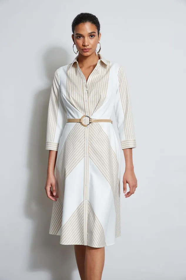 Outlet 8211 Women Long Sleeve Dresses Elie Tahari Fit and Flare Stripe Cotton Dress Birch Pearl