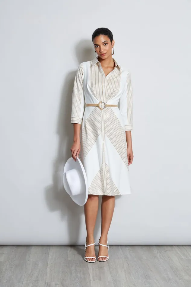 Outlet 8211 Women Long Sleeve Dresses Elie Tahari Fit and Flare Stripe Cotton Dress Birch Pearl