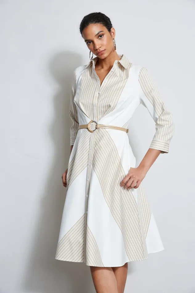 Outlet 8211 Women Long Sleeve Dresses Elie Tahari Fit and Flare Stripe Cotton Dress Birch Pearl