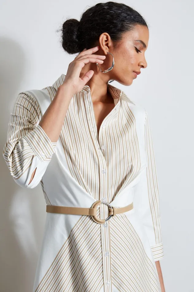 Outlet 8211 Women Long Sleeve Dresses Elie Tahari Fit and Flare Stripe Cotton Dress Birch Pearl