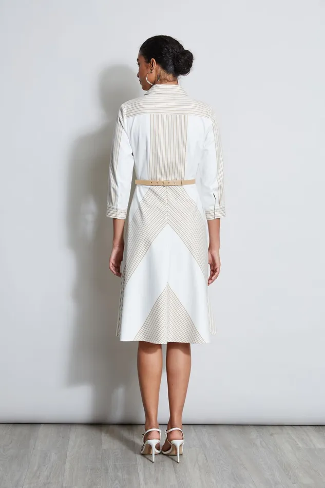 Outlet 8211 Women Long Sleeve Dresses Elie Tahari Fit and Flare Stripe Cotton Dress Birch Pearl