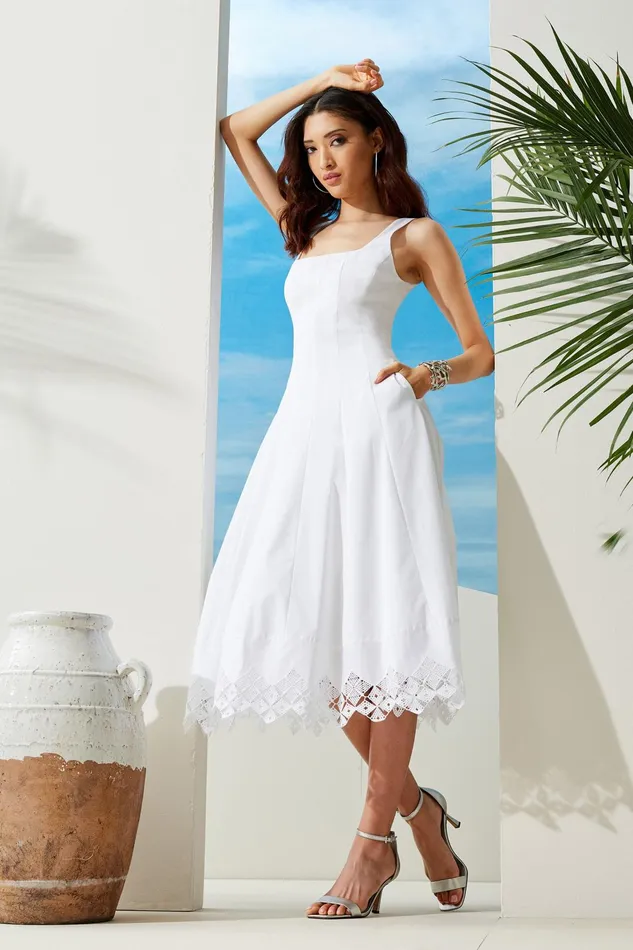 Outlet 8211 Women Midi Dresses Elie Tahari Cotton Poplin Square Neck Dress White