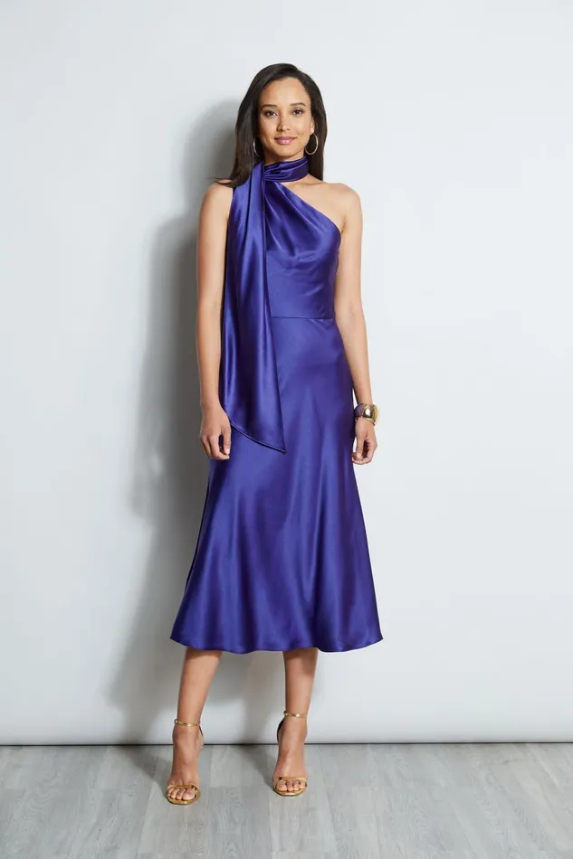 Outlet 8211 Women Midi Dresses Elie Tahari One Shoulder Satin Scarf Dress Plum
