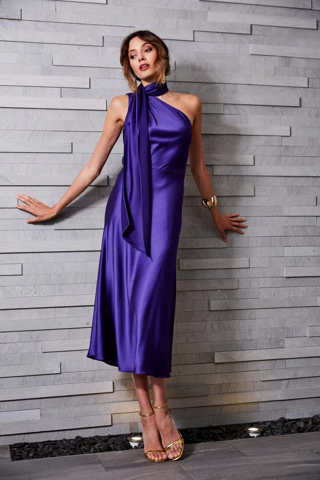 Outlet 8211 Women Midi Dresses Elie Tahari One Shoulder Satin Scarf Dress Plum