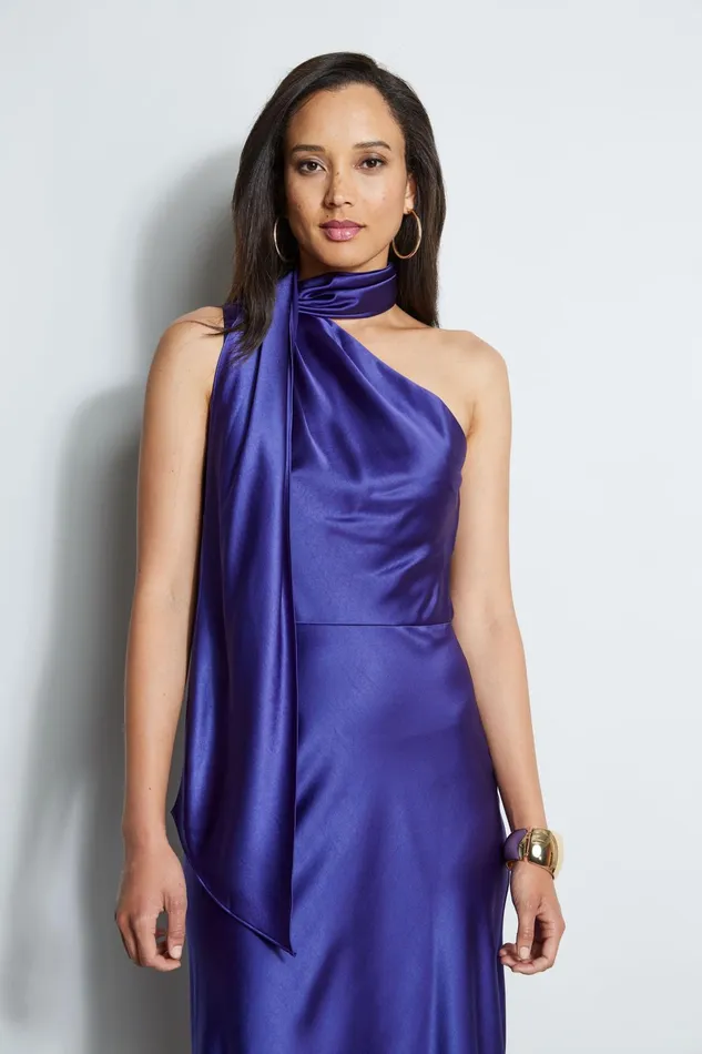 Outlet 8211 Women Midi Dresses Elie Tahari One Shoulder Satin Scarf Dress Plum