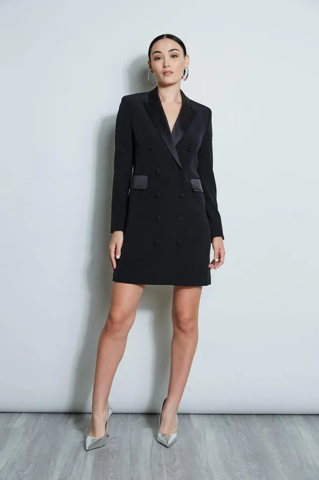 Outlet 8211 Women Short Dresses Elie Tahari Satin Tuxedo Coat Dress Black