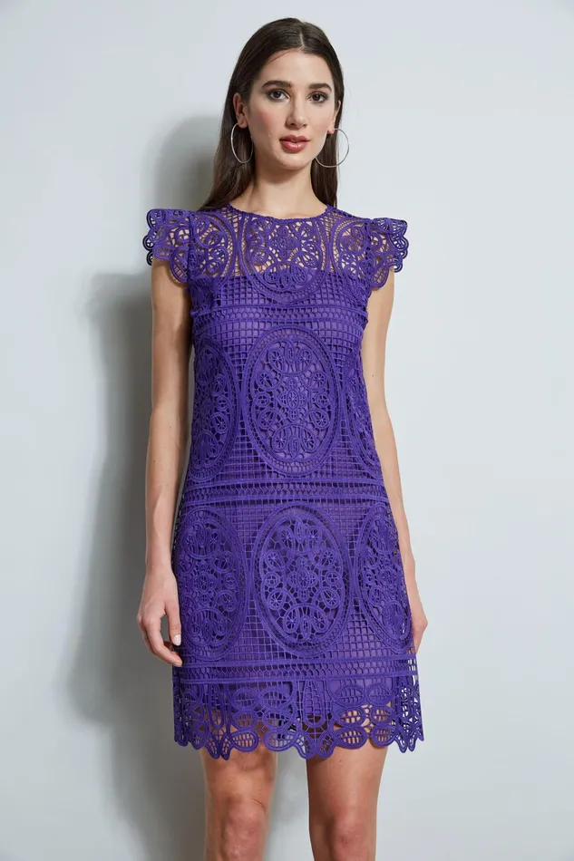 Outlet 8211 Women Short Sleeve Dresses Elie Tahari Lace Flutter Sleeve Dress Plum