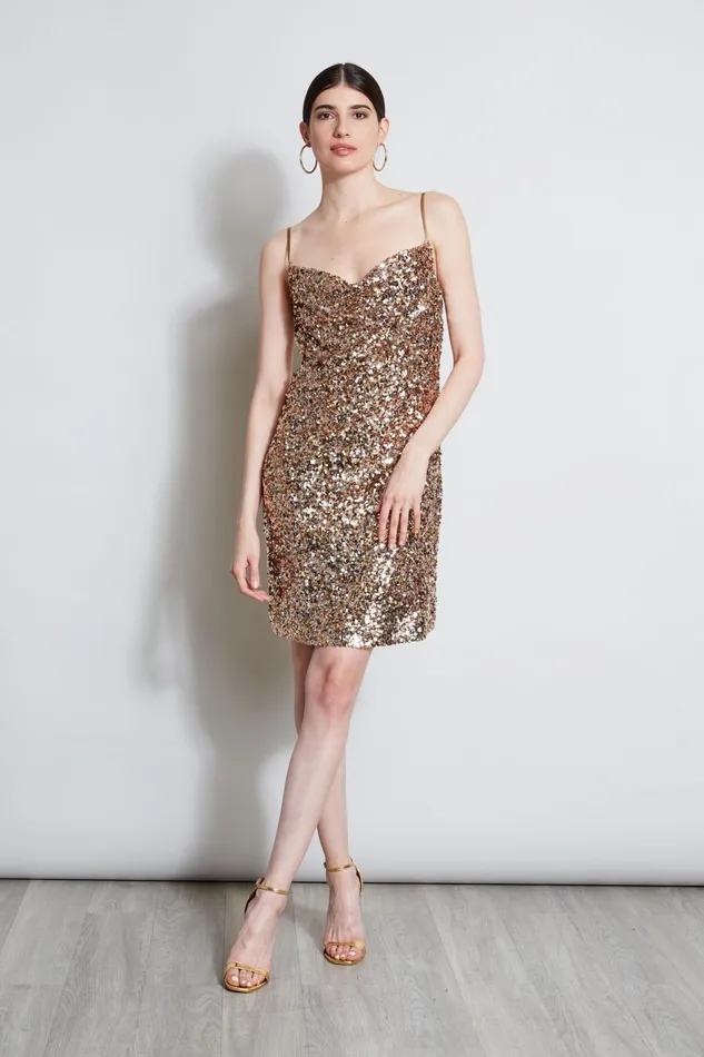 Outlet 8211 Women Sleeveless Dresses Elie Tahari Sequin Cowl Dress Rose Gold