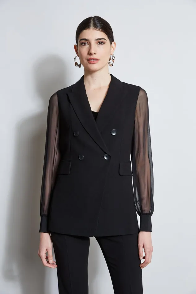 Outlet 8211 Women Suiting Elie Tahari Double Breasted Chiffon Sleeve Blazer Black