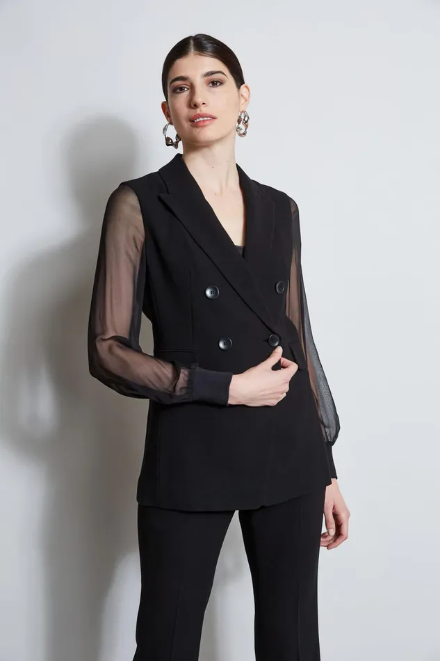 Outlet 8211 Women Suiting Elie Tahari Double Breasted Chiffon Sleeve Blazer Black
