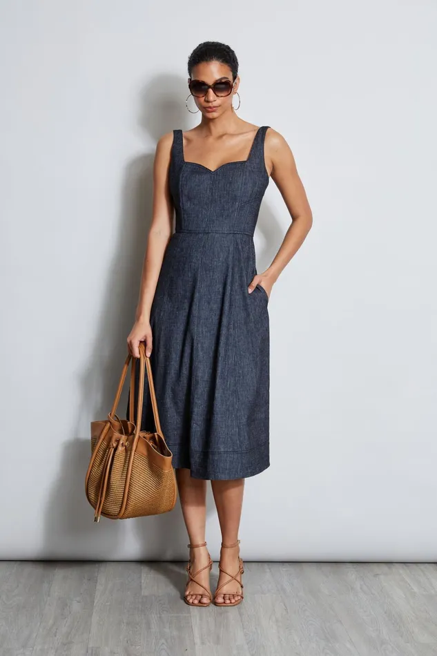Outlet 8211 Women Suiting Elie Tahari Linen Fit and Flare Contour Dress Denim