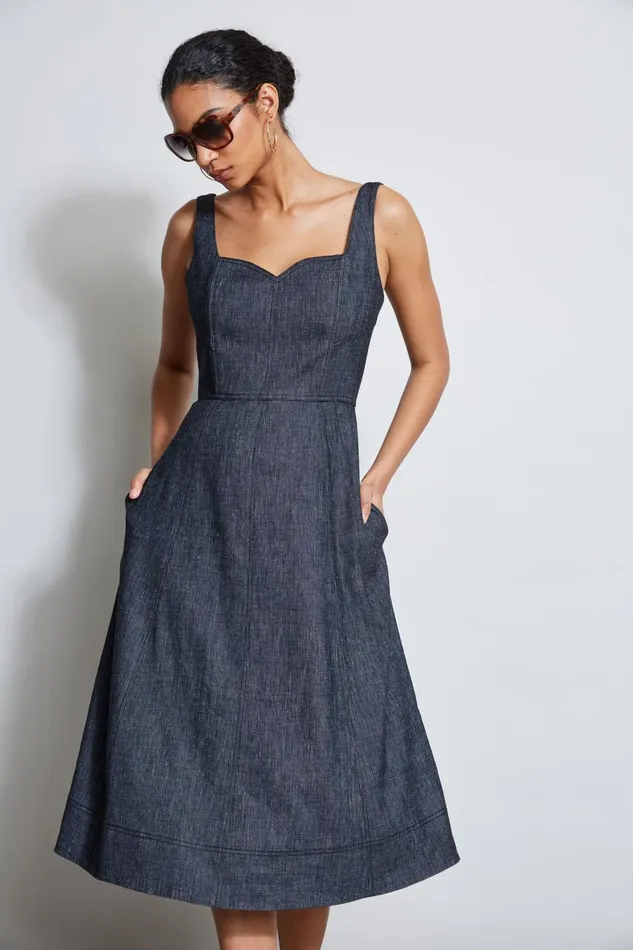 Outlet 8211 Women Suiting Elie Tahari Linen Fit and Flare Contour Dress Denim