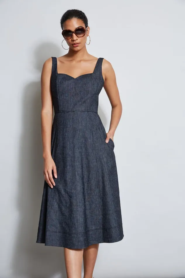 Outlet 8211 Women Suiting Elie Tahari Linen Fit and Flare Contour Dress Denim
