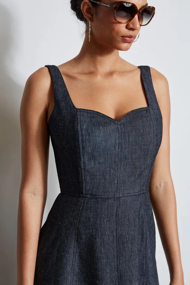 Outlet 8211 Women Suiting Elie Tahari Linen Fit and Flare Contour Dress Denim