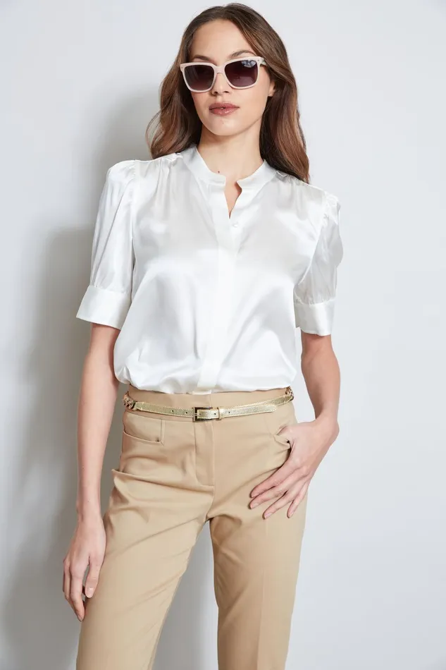 Outlet 8211 Women Suiting Elie Tahari Silk Satin Ruched Sleeve Shirt Fresh Pearl