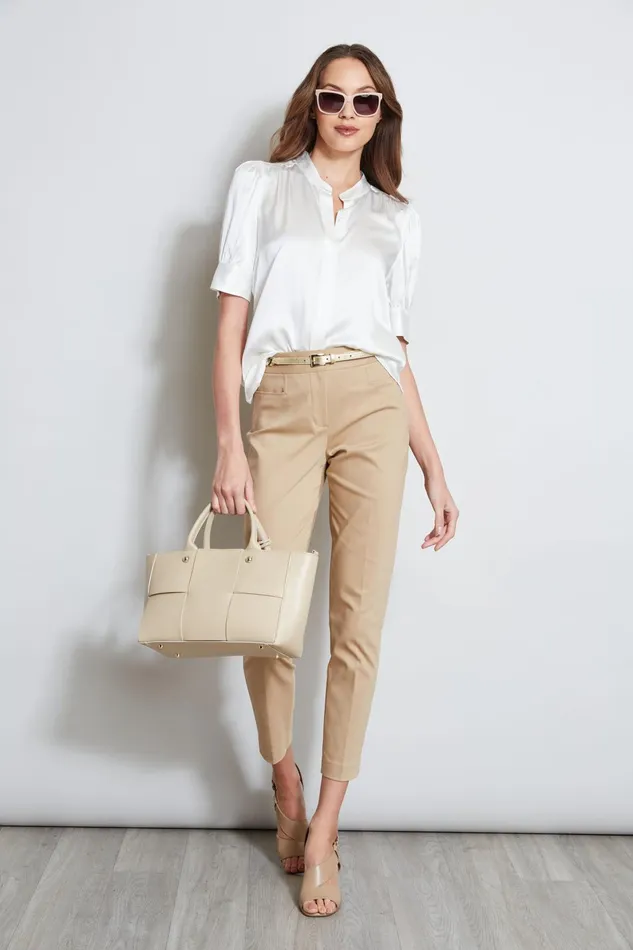 Outlet 8211 Women Suiting Elie Tahari Silk Satin Ruched Sleeve Shirt Fresh Pearl
