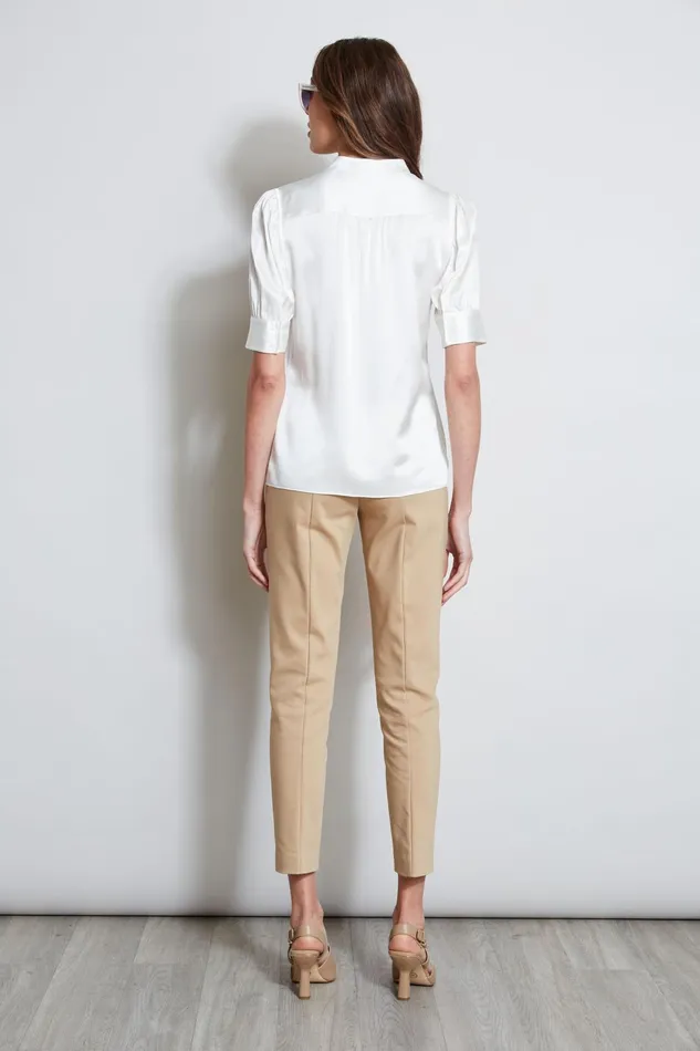 Outlet 8211 Women Suiting Elie Tahari Silk Satin Ruched Sleeve Shirt Fresh Pearl